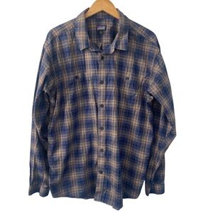 Patagonia Organic Cotton Long Sleeve Blue Brown Plaid Shirt Long Sleeve XL